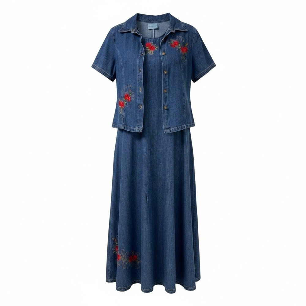 Studio Ease Denim Dress & Jacket Womens 12 2 Pc Embroidered Sleeveless VTG Maxi